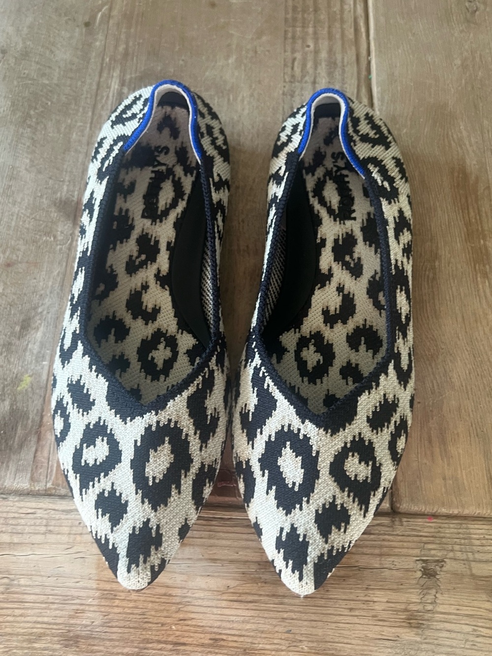 Rothy's Black & Cream Leopard Knit Pointed Toe Flats